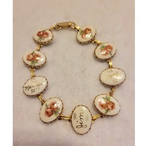 Vtg Porcelain Rose Link Bracelet Gold Tone White Floral Monogram Marilyn Jim Joe